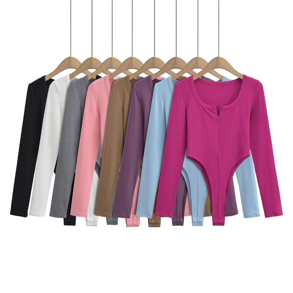 YPFF Fashionable Women's Clothing European and American Style Hot Girl U Collar Zipper Long Sleeve Top Sexy Slim Fit Hidden Button Design jumpsuit