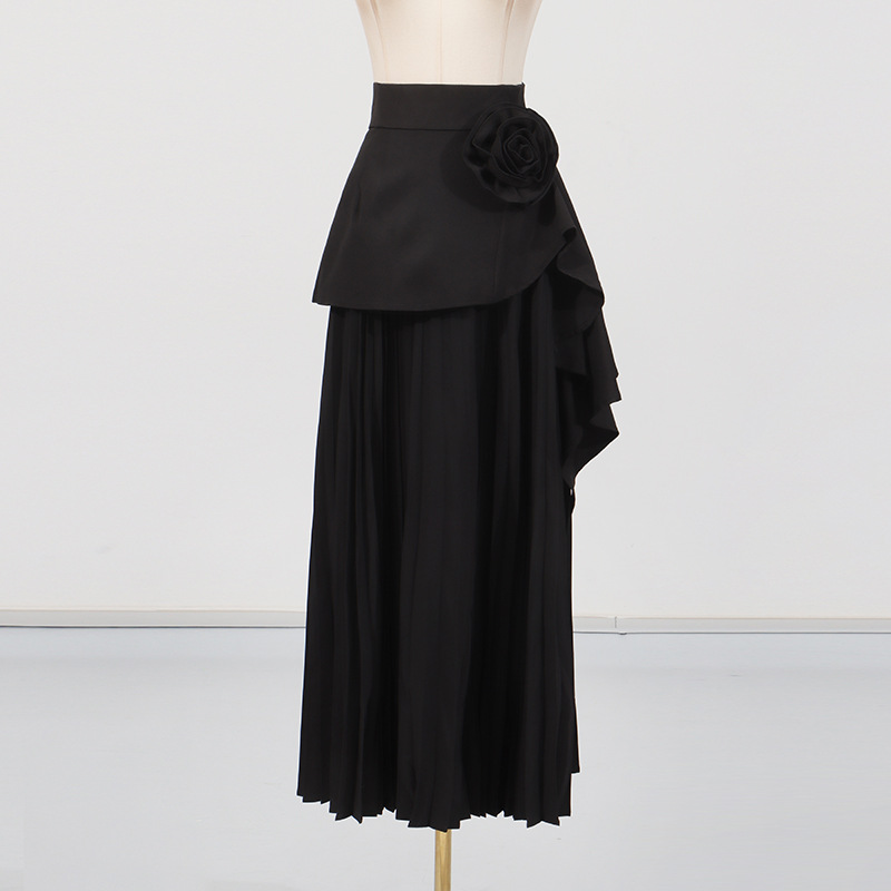 Saia midi de cintura subida saia plissada evasé com flores_voghion.com