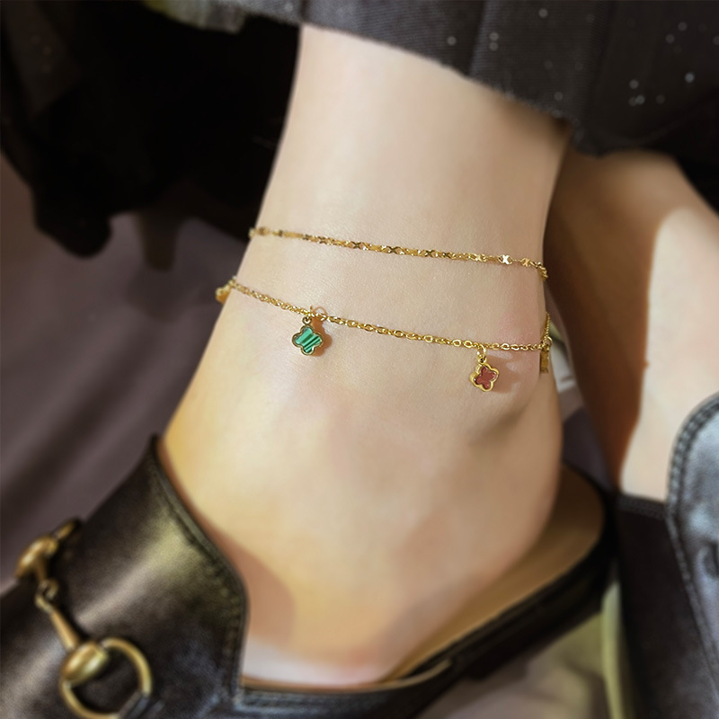 Japanese and Korean Fashion Influencer Colorful Clover Ankle Chain Women's Personality Sexy Double Layer Ankle Chain Titanium Steel Ankle Chain Wholesale