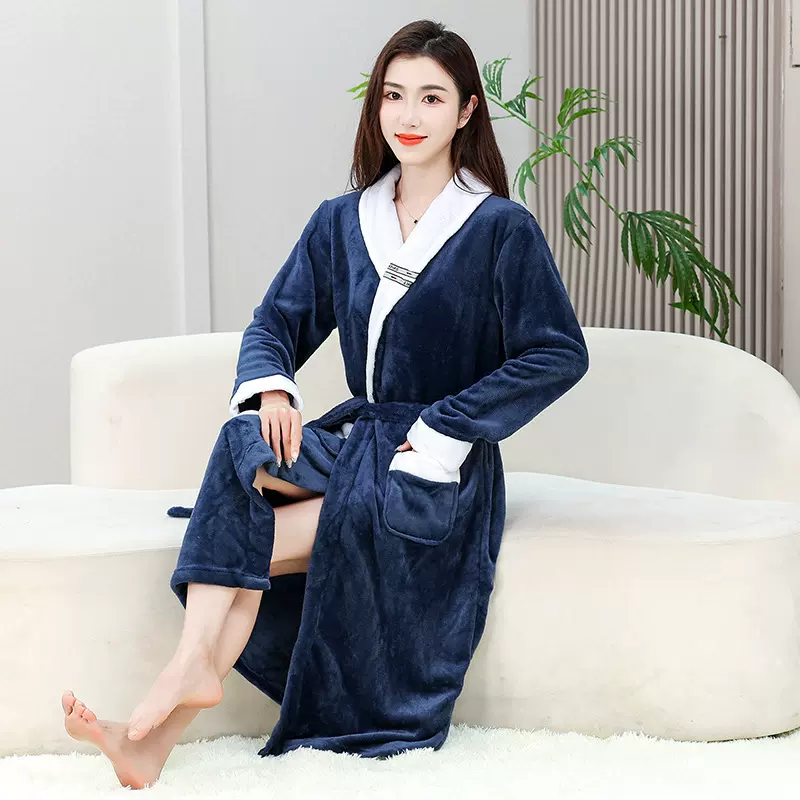 男女睡袍珊瑚绒冬季长袖连体法兰绒浴袍双面绒室内家具服晨袍情侣