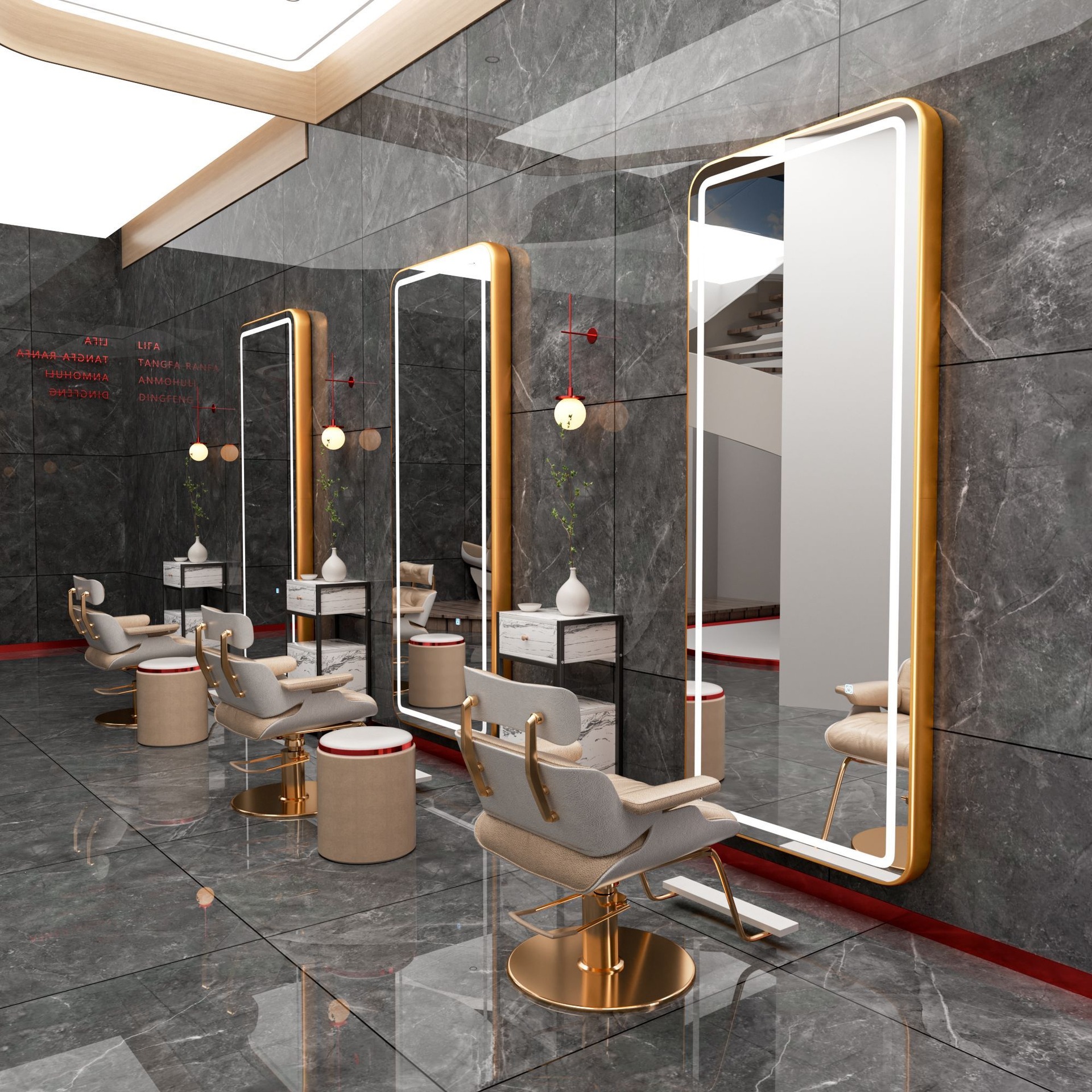 Barbería espejo salón especial barbería escaldar y teñir espejo con lámpara LED elíptica pared colgante suelo espejo de corte de pelo de lujo ligero