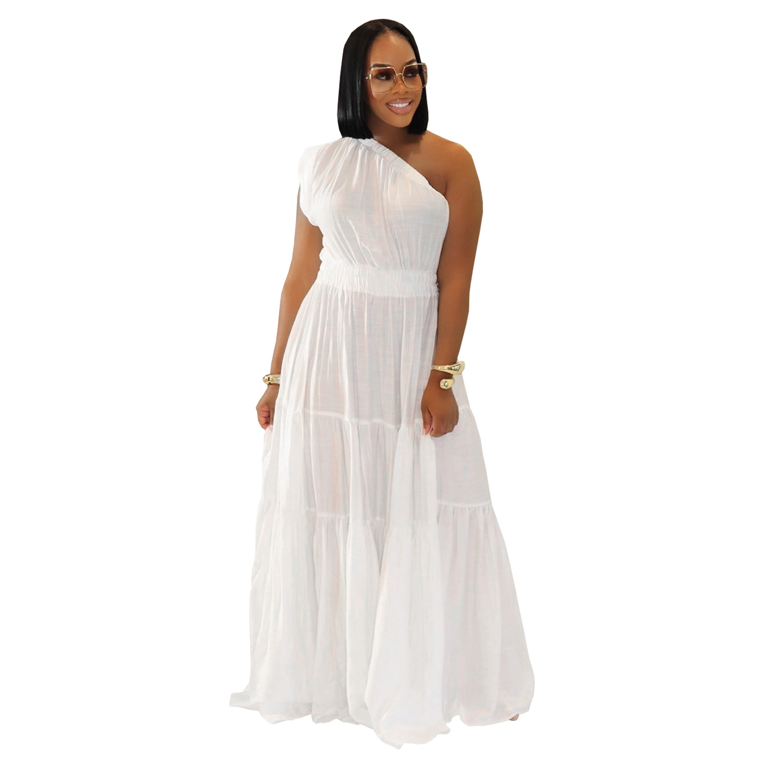 C7389 Aliexpress transfronterizo Amazon Europa y América moda de mujer temperamento de hombro abierto texturas de verano vestido delgado