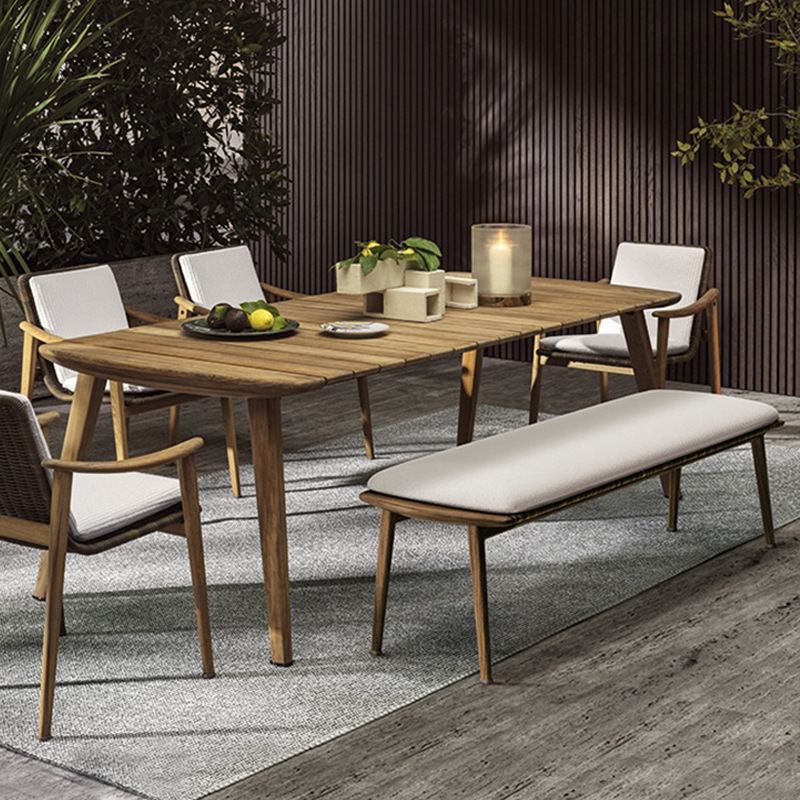 Jardín al aire libre mesa de teca y silla terraza patio muebles de madera maciza Villa Hotel modelo habitación al aire libre ratán Silla de comedor combinación