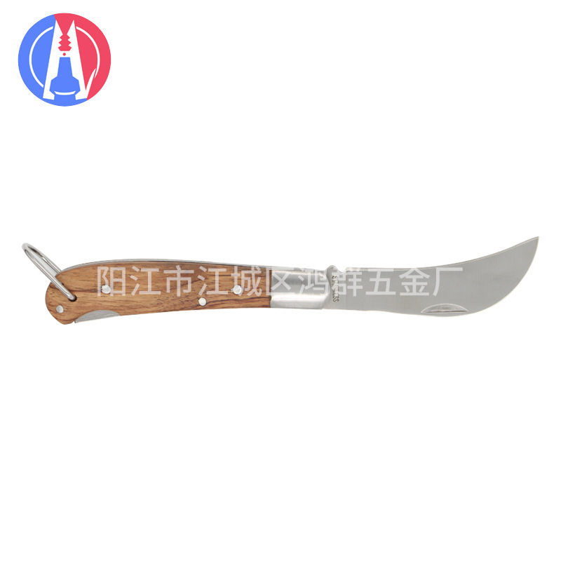 户外折叠多功能工具刀 带环便携式蘑菇刀 供应梨木柄折叠小弯刀