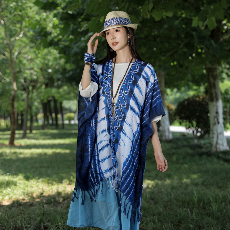 2023 nuevo estilo étnico bufanda teñida con borla larga Toalla de playa viajes al aire libre chal decorativo protector solar cardigan