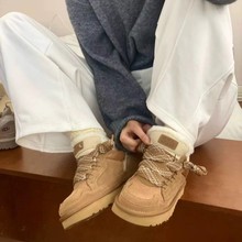 桑坡新款2024系带厚底低帮梅尔真皮雪地加绒冬季保暖加厚棉鞋