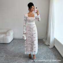 跨境欧美优雅高级蕾丝长裙子连衣裙女装2025秋冬亚马逊外贸独立站