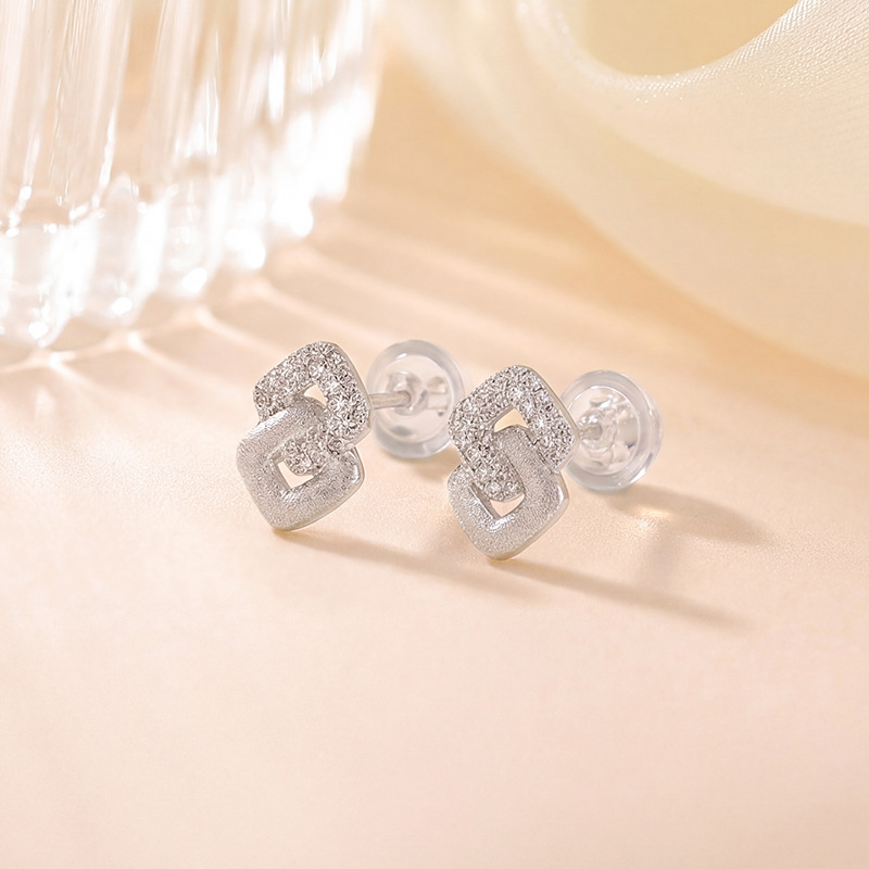 Bông tai bạc S925 mạ vàng hình vuông kim cương nhỏ gọn thanh lịch — Bạc