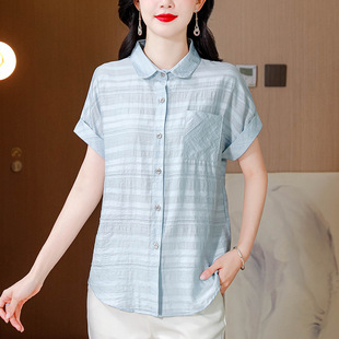 Cotton and Linen Linen Short-Sleeved Shirt Women's Summer Lapel Top Middle-Aged Mother Short-Sleeved Shirt 2025 New Style