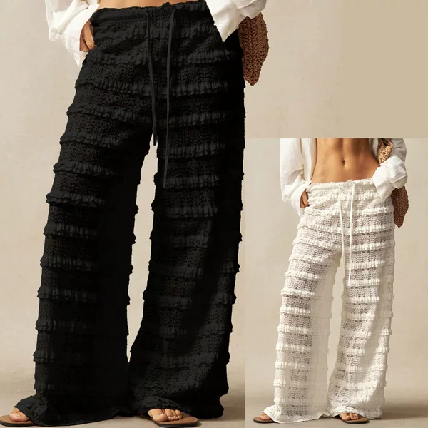 2026 Cross-Border European and American Amazon Street Style Versatile Solid Color Lace Jacquard Hollow-Out Patchwork Tie-Up Straight-Leg Pants