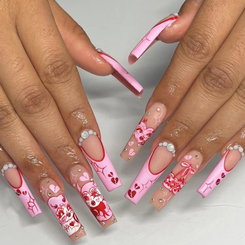Cross-border long water pipe frosted wear nail piece Valentine's Day cartoon pink love French fake nail pressing nail piece