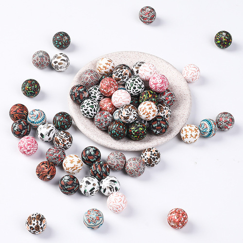 Silicone beads 15mm with factory honeycomb pattern, water transfer leopard print bracelet spacer beads, silicone scattered beads