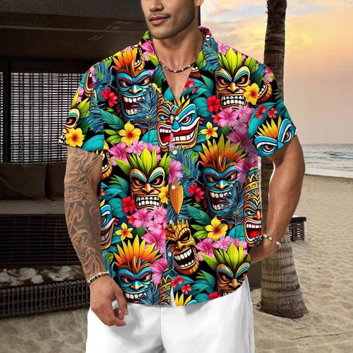 European and American trend fashion summer men's lightweight mature mass Cuba collar short-sleeve printed shirt breathable