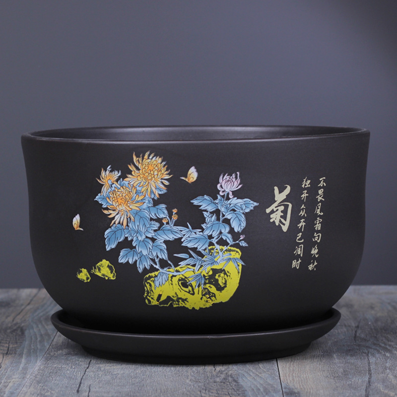 植木鉢陶磁器大サイズトレー付き紫砂釉薬多肉ベランダ室内緑植蘭吊蘭粗淘盆|undefined