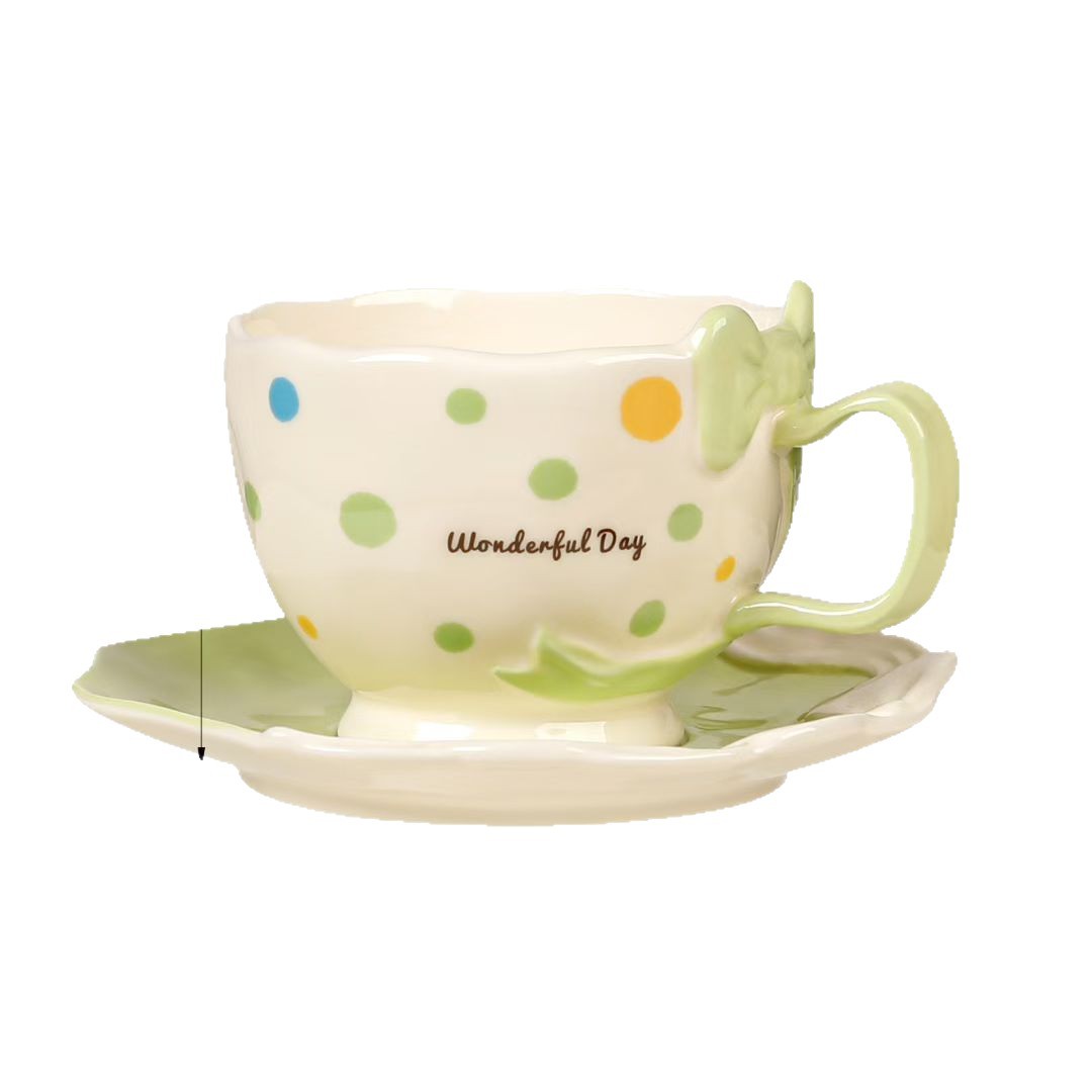 Creativa onda de dibujos animados punto arco taza y plato combinación de taza de cerámica personalidad de alto valor facial regalo taza de agua de té de la tarde
