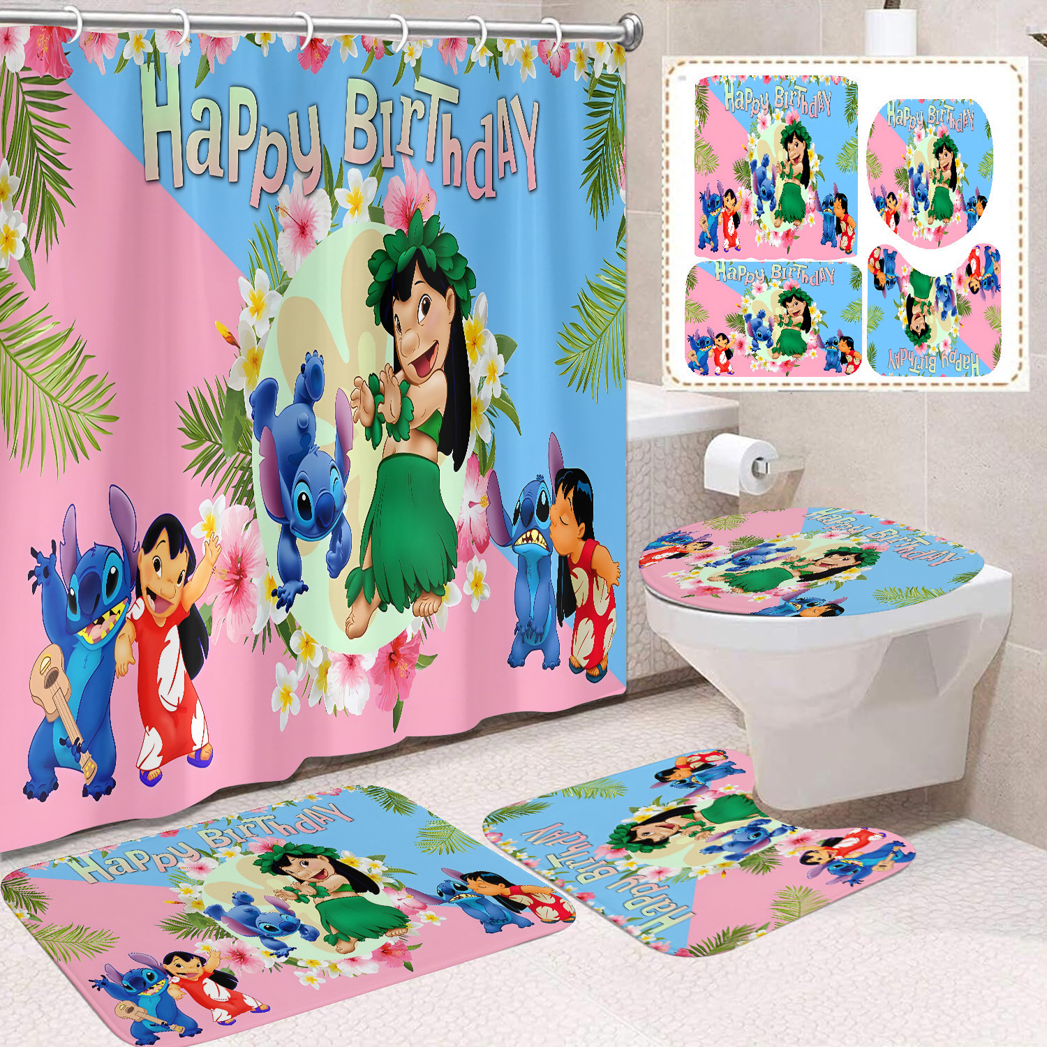 Venta directa de fábrica lindo baño de dibujos animados de cuatro piezas cortina de ducha impermeable cortina de ducha sin perforación cortina de partición de baño de baño