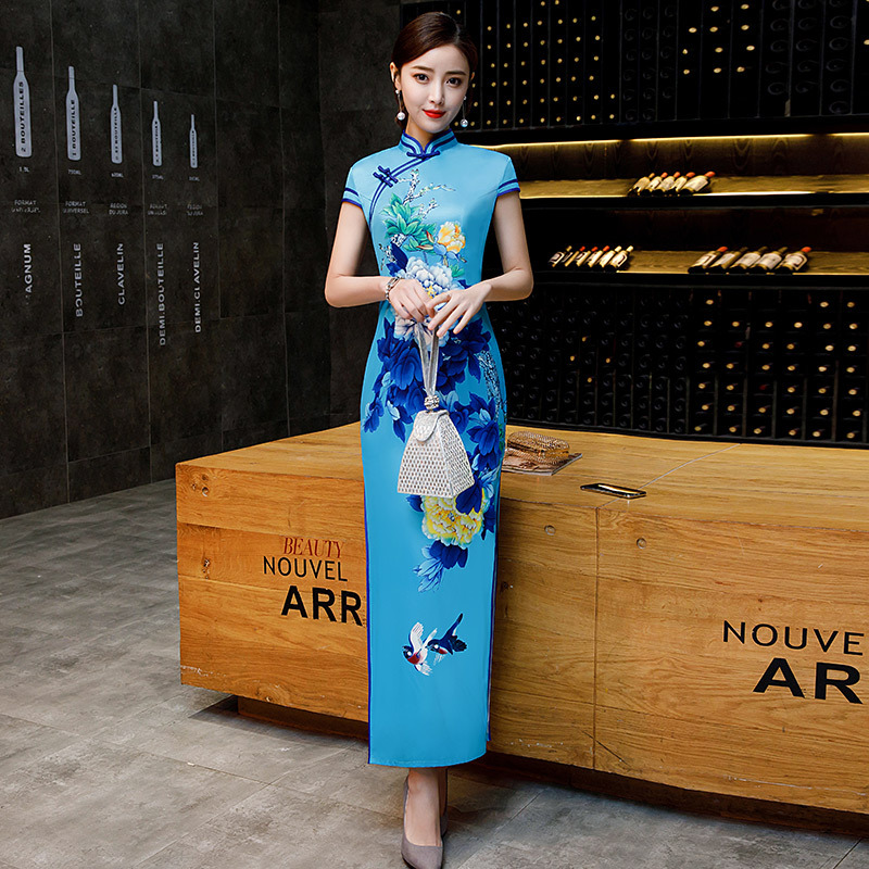 雙層側八扣短袖長款改良旗袍2025新款女走秀演出服裝廠家一件代發