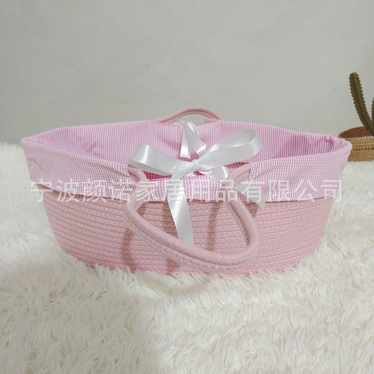 핑크 코튼 로프 짠 아기 기저귀 보관 가방 인쇄 안감 신생아 제품 보관 바구니 핸드 백