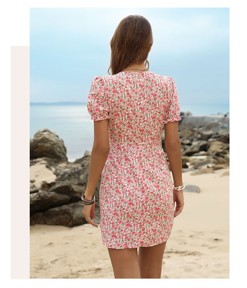 floral V-Neck Hollow Waist Short-Sleeved Dress NSYYF61516