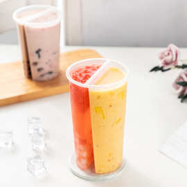 跨境批发分享杯双拼奶茶杯一次性果汁饮料塑料杯带盖95口径双享杯