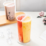 跨境批发分享杯双拼奶茶杯一次性果汁饮料塑料杯带盖95口径双享杯