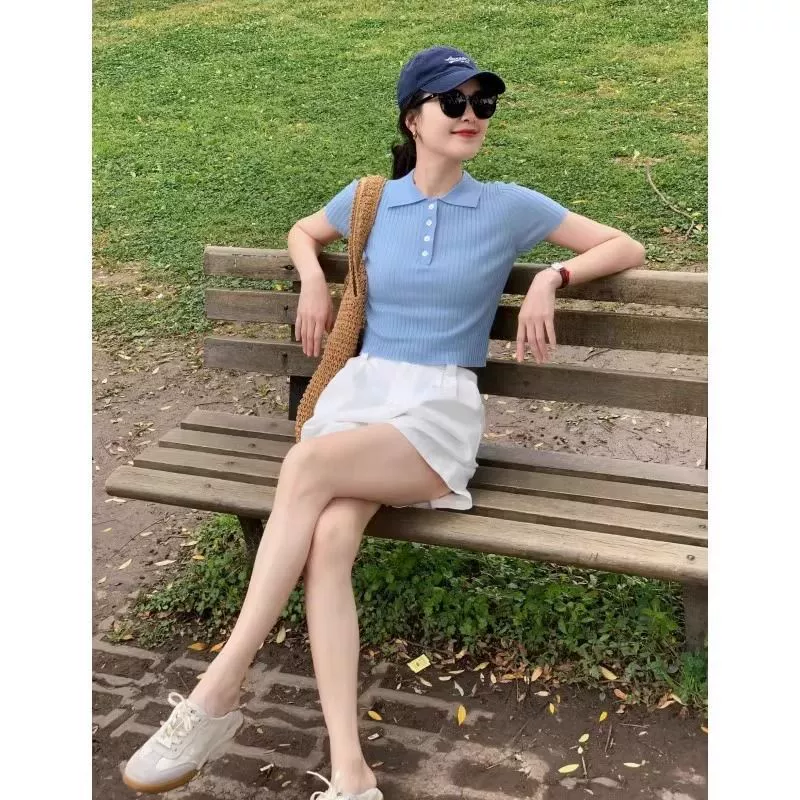 Синие короткие облегающие шелковые летние тонкие вязаные трикотажные футболки с воротником-поло, городской стиль