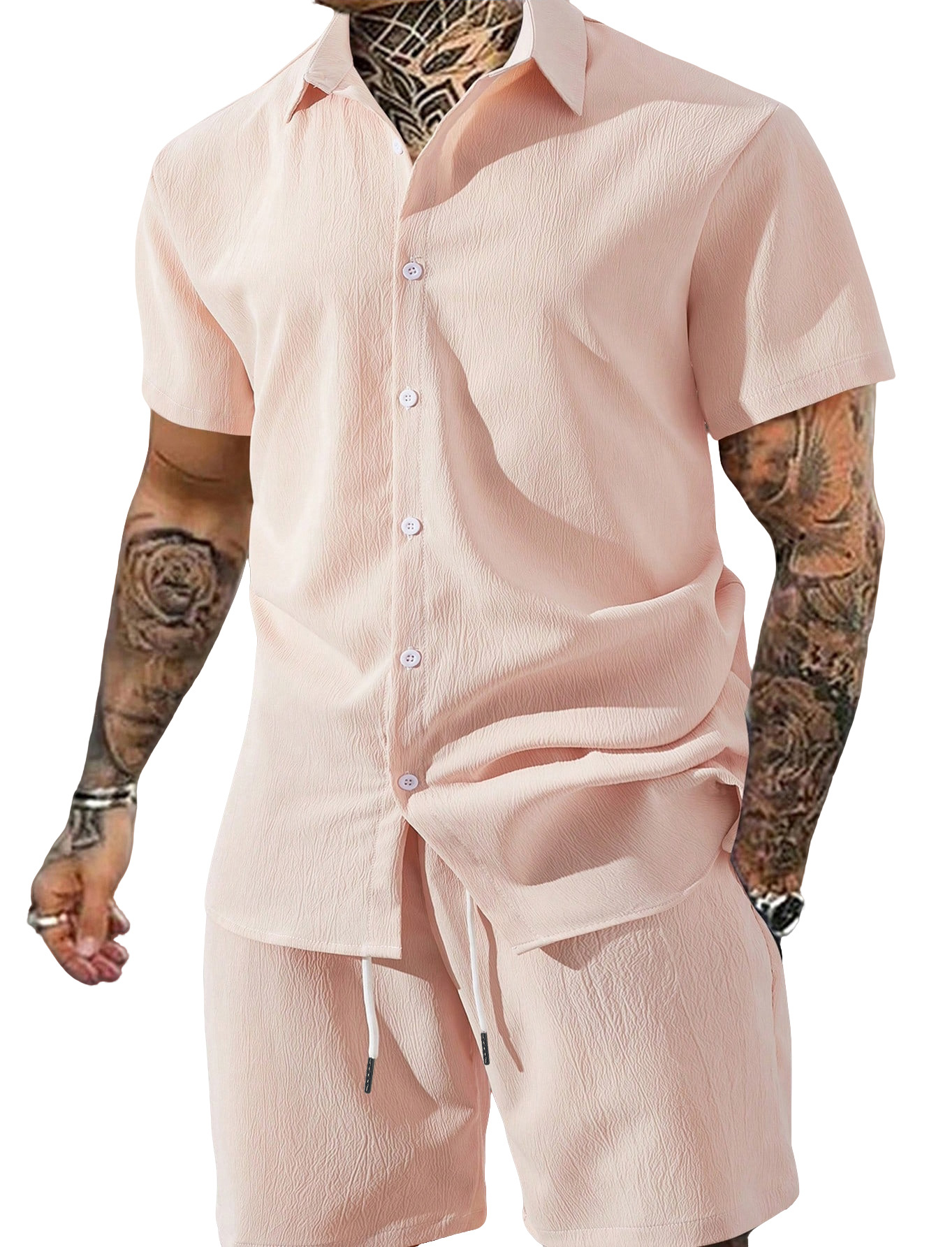 Nuevo transfronterizo Europa y América Amazon verano hombre nuevo color sólido camisa de botón de solapa de manga corta pantalones cortos set hombre
