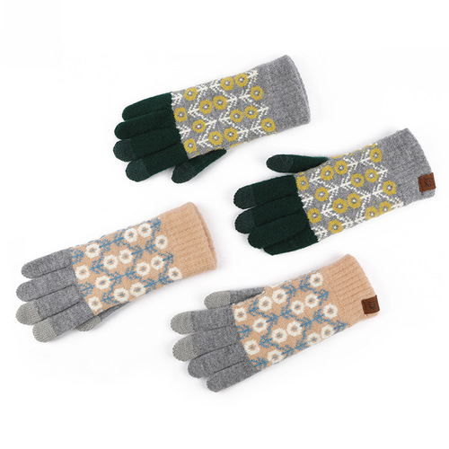 Japanese-style winter wool color-blocking knit gloves, retro jacquard, lined, touch screen, warm riding gloves