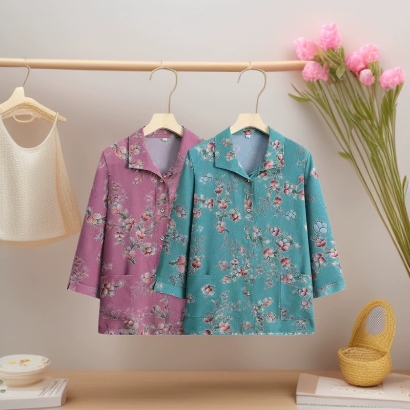 Летняя одежда для мам, футболки с длинными рукавами и воротниками, одежда для женщин среднего и пожилого возраста, кардиганы из ледяного шелка, свободная летняя одежда больших размеров для мам.