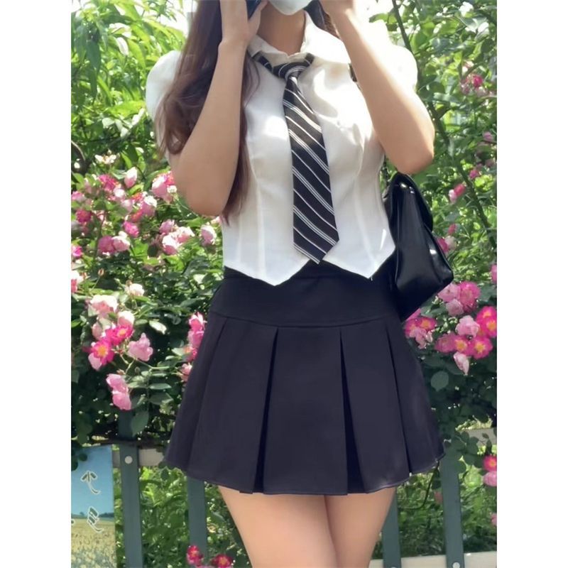 화이트 JK 셔츠 반팔 여성 일본 대학 스타일 JK 유니폼 넥타이 순수한 욕망 스타일 버블 소매 반바지 셔츠