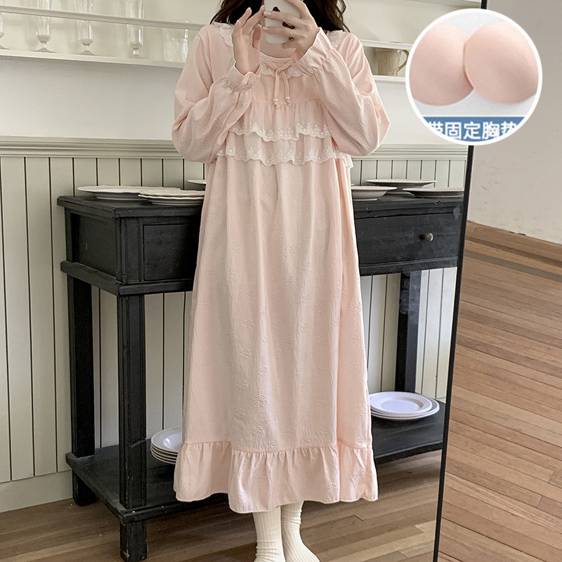 带胸垫睡裙女春秋季新款韩系甜美云朵棉长袖睡衣大码家居服可外穿|undefined