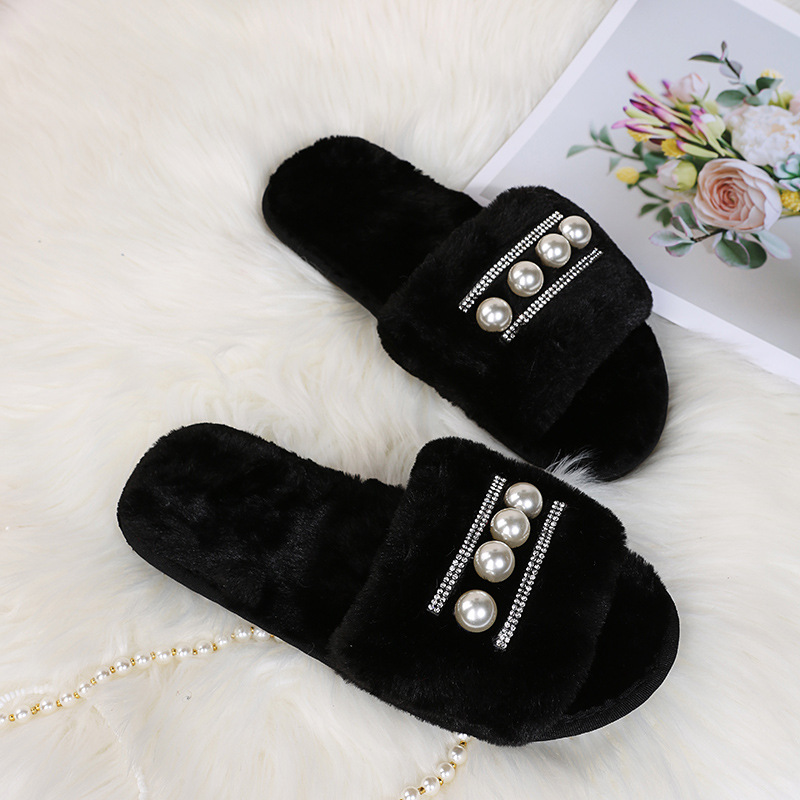 Pearl One Word Plush Rhinestones Slippers NSKJX104846