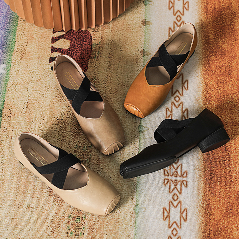 여성용 사각 발가락 발레 슈즈 레트로 2025 봄 가을 메리제인 슈즈 여성용 두꺼운 굽 돼지코 끈 묶는 발레 플랫 슈즈