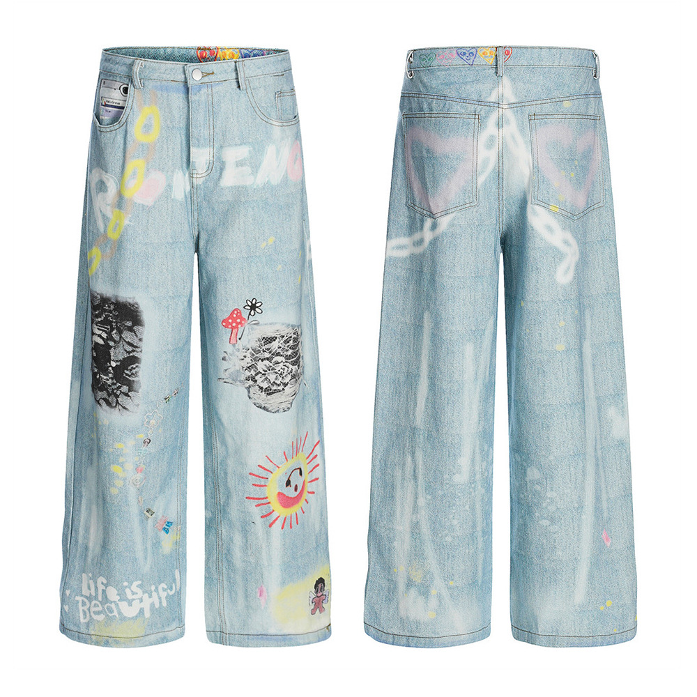 Men's Tie-Dye Gradient Jeans - High Street Vibe, Loose Fit, Wide Leg, Straight Cut, Distressed Wash, Casual Streetwear For Men ( Blue, S-XL)_mkmklike.com