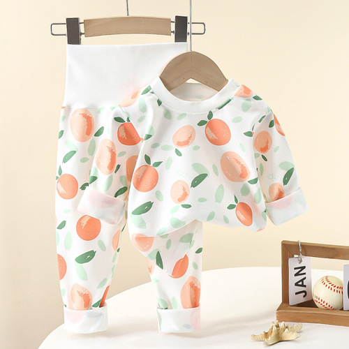 Baby High-Waist Protective Tummy Pajamas Set for Boys and Girls Autumn Top and Bottom Set Baby Spring and Autumn Home Wear Set Wholesale