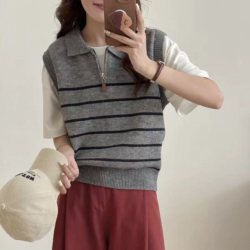 KANING条纹翻领半拉链针织马甲女2025秋季新款简约叠穿针织背心女|undefined