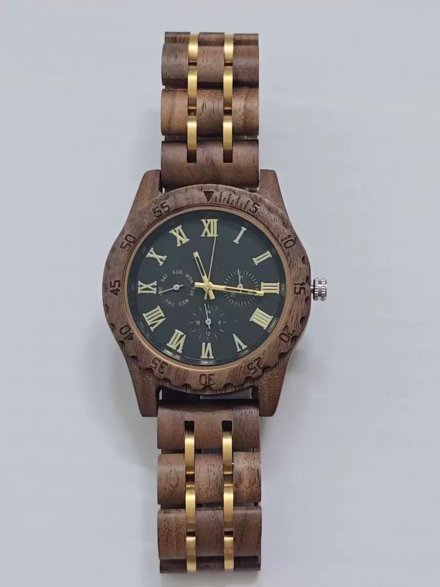 新款现货胡桃木手表金色指针金属间木表带男表一件代发