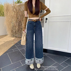 琪镌绘制秋季民族风刺绣阔腿牛仔裤女百搭休闲直筒裤牛仔长裤1821
