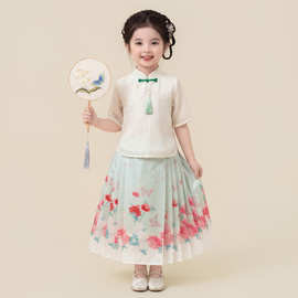 中国风复古雪纺衬衫茶服夏季女装禅意新中式立领盘扣短袖裙子套装