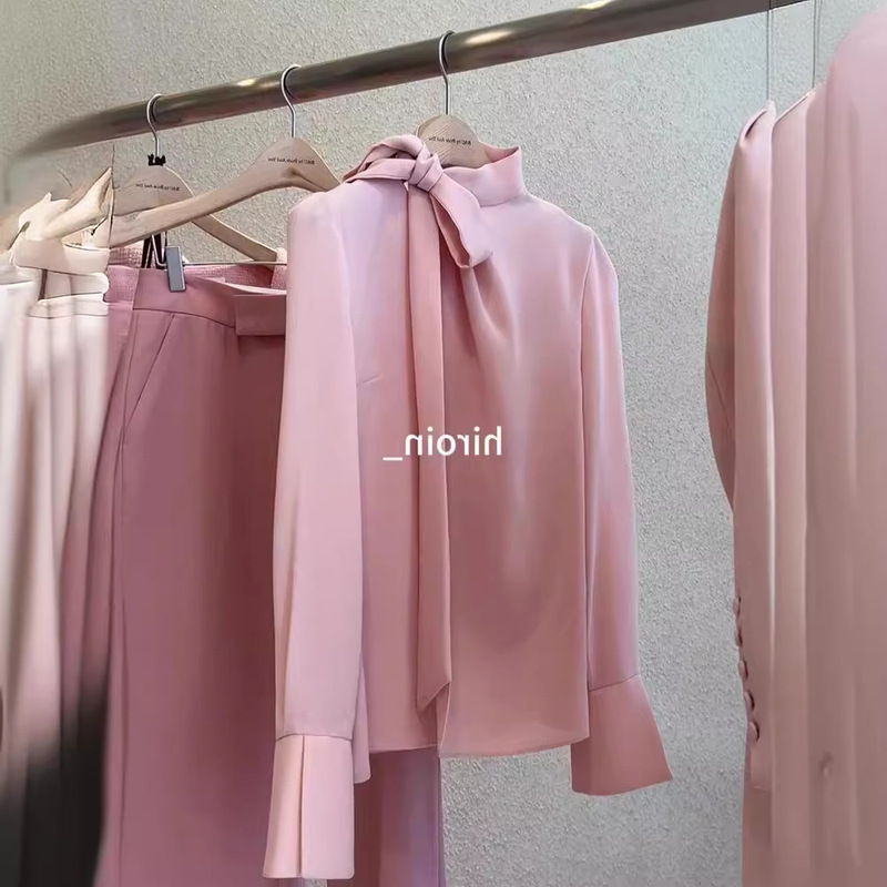3179 # This Year's Trendy European Autumn New French Chic High-End Bow Tie Pink Blouse for Women