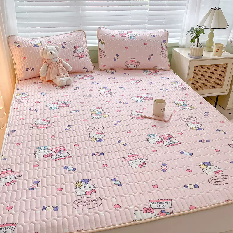 正版三丽鸥凉感丝卡通乳胶凉席夏季床笠款凉席三件套跨境批发代发