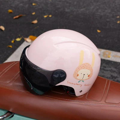 Cute Female Model Electric Vehicle Safety | Motosiklet kaskı (dəbilqə) - 802-pink-strawberry-rabbit-black-short-mirror-3c-certification-one-size
