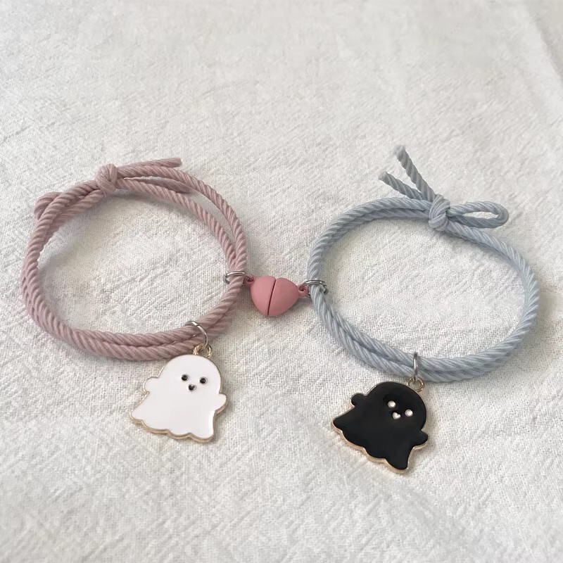 Cartoon Black and White Ghost Couple Bracelet Heart Magnetic Bestie Small Rubber Band for Boyfriend Halloween Gift