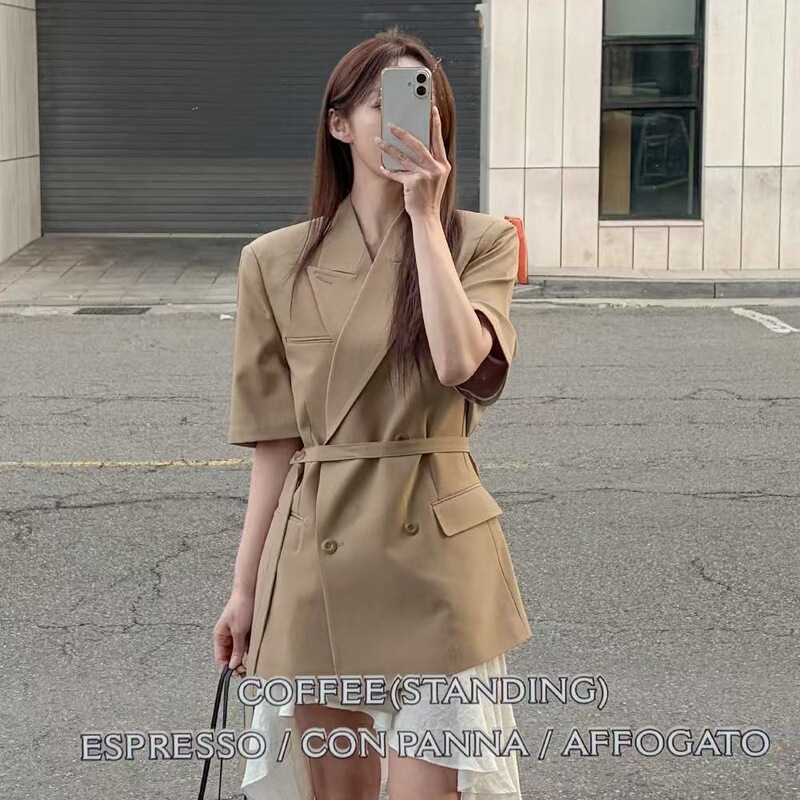 Size Updated: Korean-Style Simple and Elegant Suit Collar Single-Breasted Tie-Waist Slimming Short-Sleeve Blazer