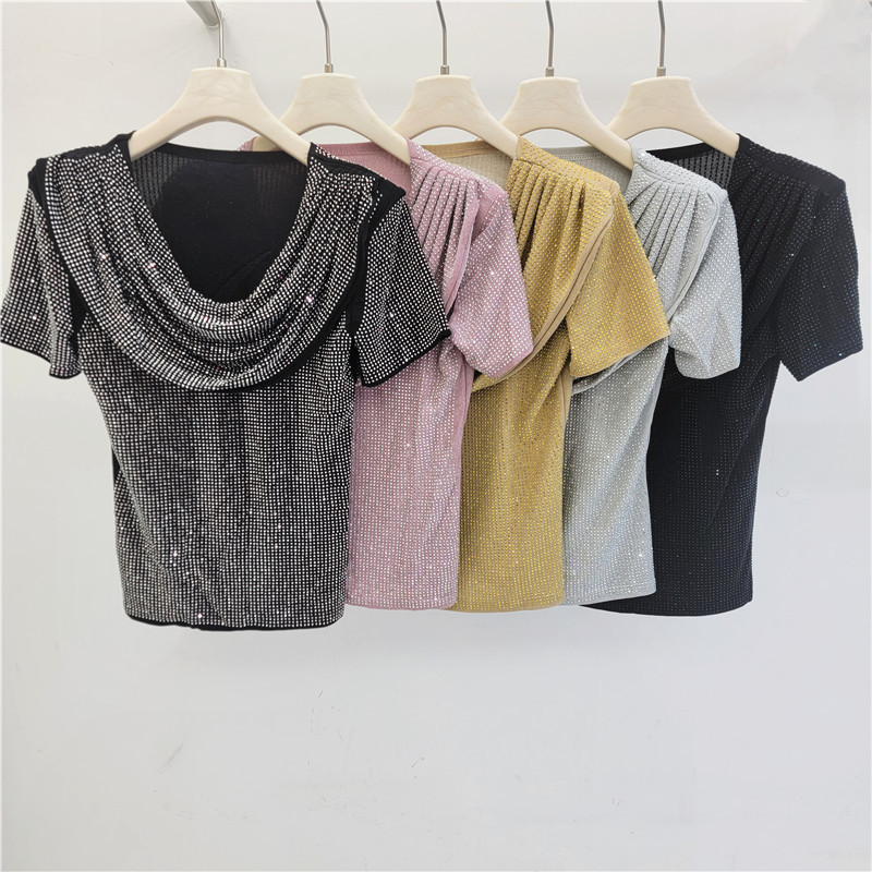 Ingeniería pesada caliente taladro camiseta de mangas cortas mujeres 2026 primavera y verano nuevo diseño un cuello plegado camiseta corta image 1