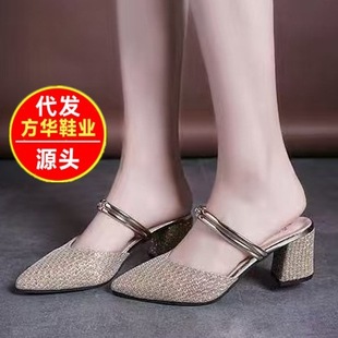 Internet Celebrity Pointed-Toe Half-Slippers Versatile Women's Shoes Trendy Two-Wear Women's 2025 Summer New Style Baotou Thick-Heeled Sandals