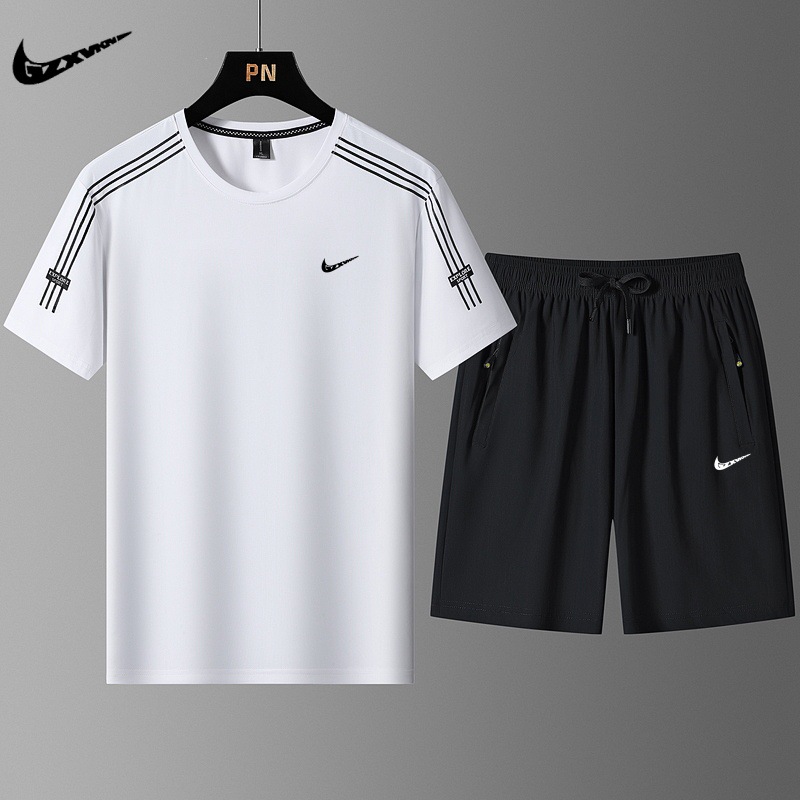 Summer New plus size Fashion Brand Three-bar Casual Short-sleeved Shorts Quick-drying Ice Silk Outdoor Running Two-piece Set