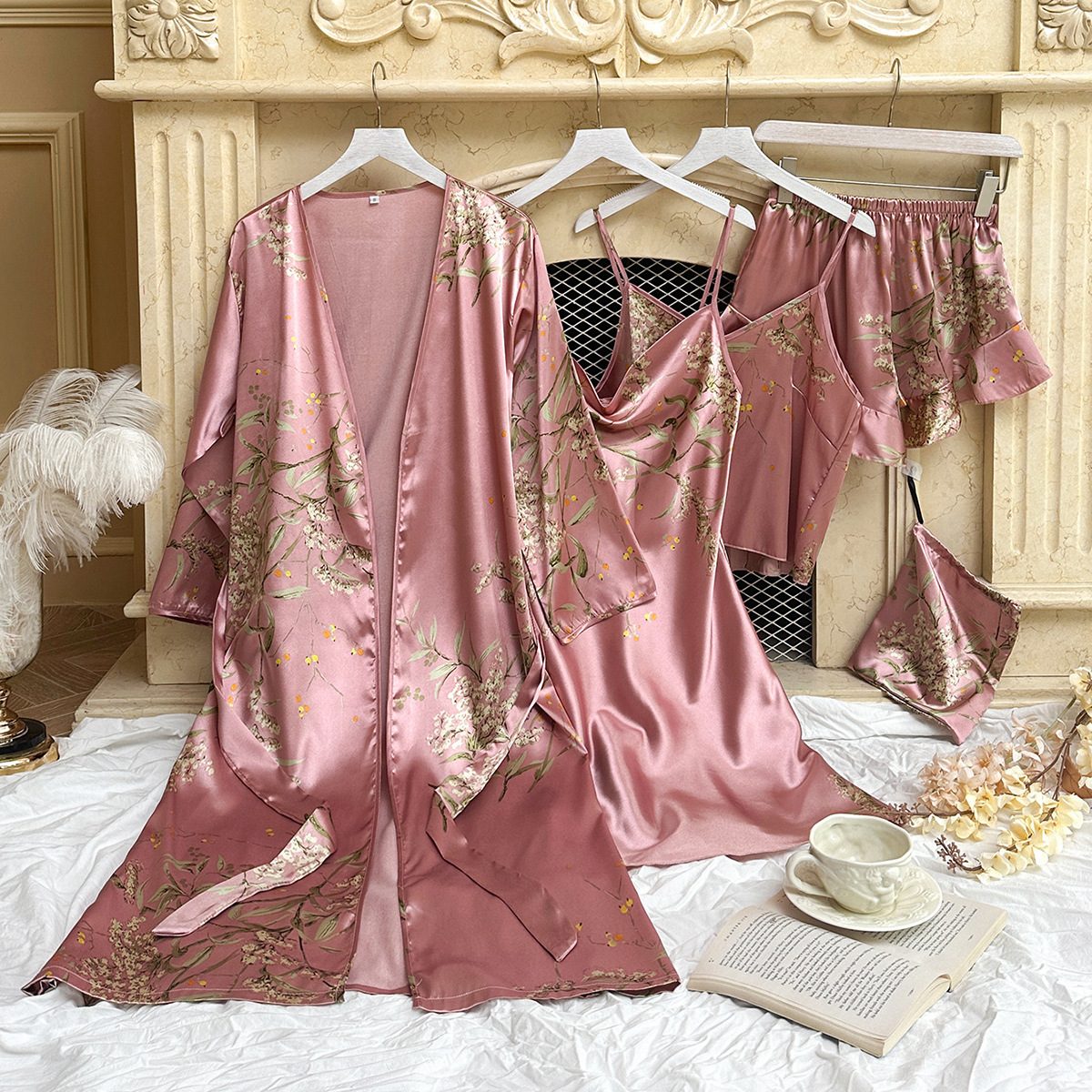 Camisola de cuatro estaciones de las mujeres Camisón con cordones camisón de dos piezas delgada ropa exterior traje de pijama de longitud media