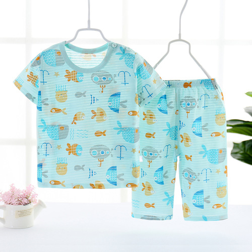 Children's summer pure cotton short-sleeved home clothes for boys and girls, thin suits for small and medium-sized children, breathable pajamas, air-conditioned clothing