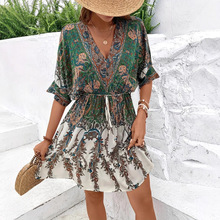 欧美跨境v领复古民族风长裙高腰大摆裙波西米亚沙滩碎花连衣裙